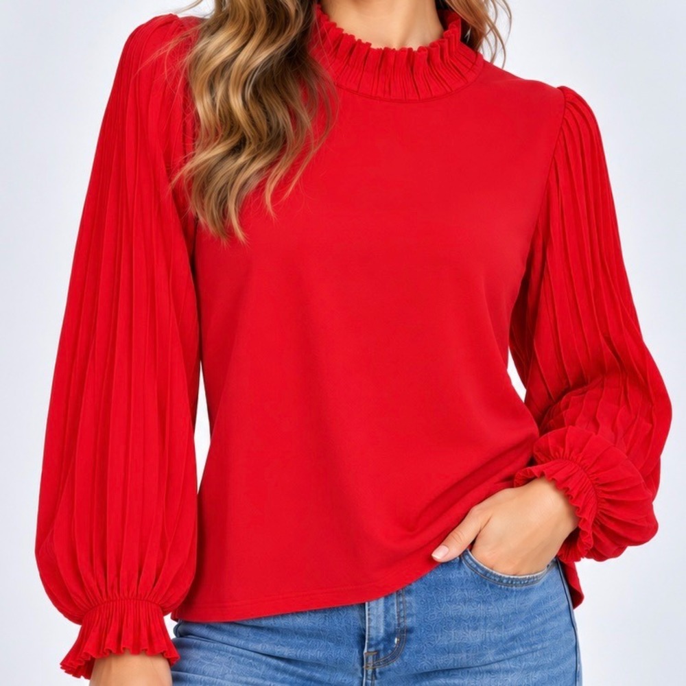 Adrianna Papell Red Pleated Balloon Sleeve Mock Neck Ruffle Blouse Medium